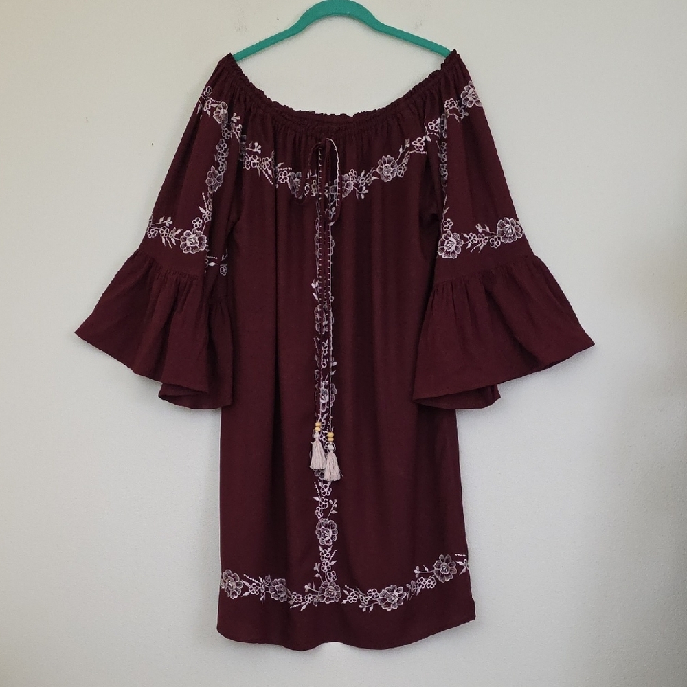 Fillyboo Free People Boho Burgumdy White Floral Embroidered Mini Dress (Read) S